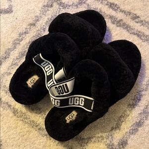UGG Black Fluffy Slides with Logo Strap